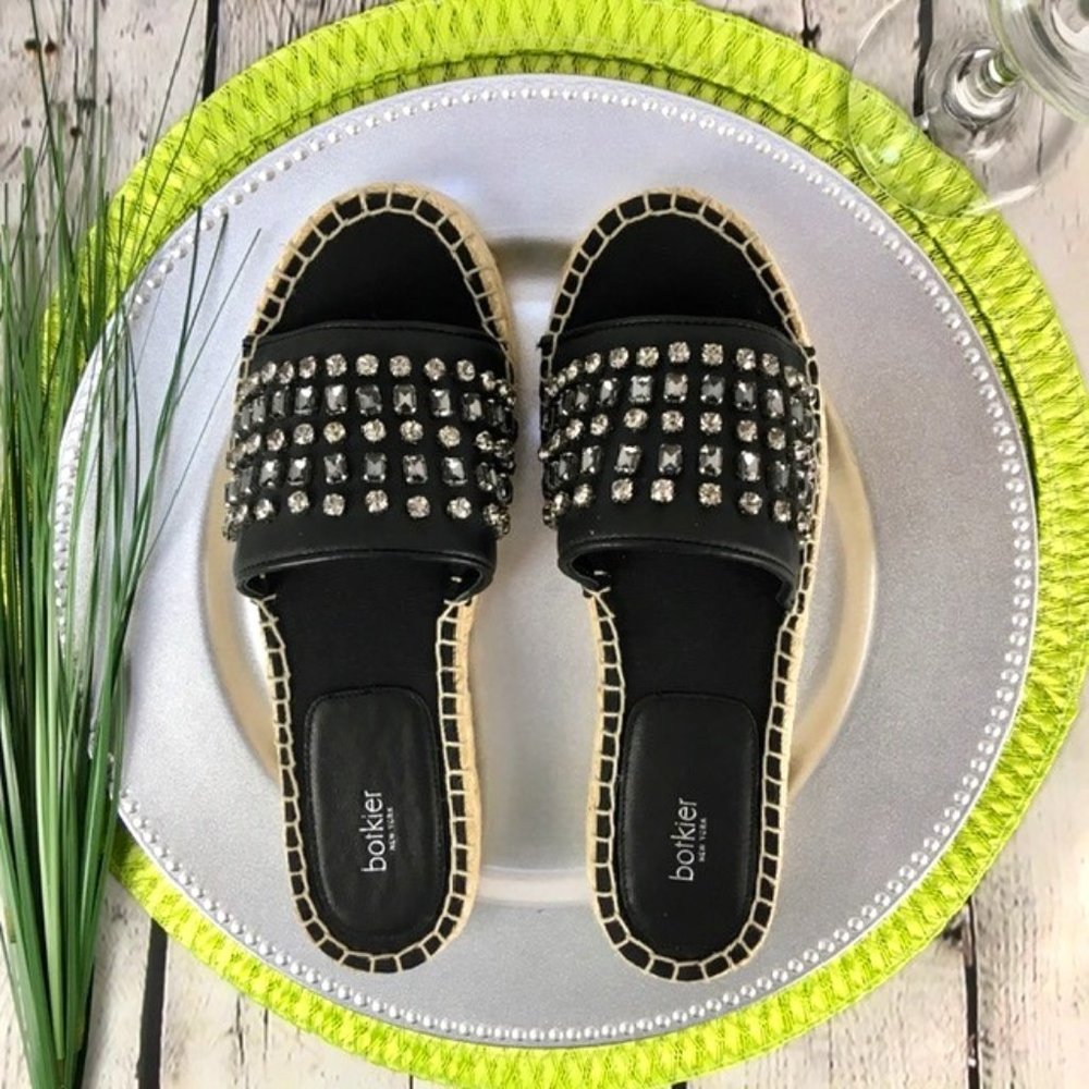 New Botkier Julie Black Leather & Rhinestone Espadrille Slide Sandal